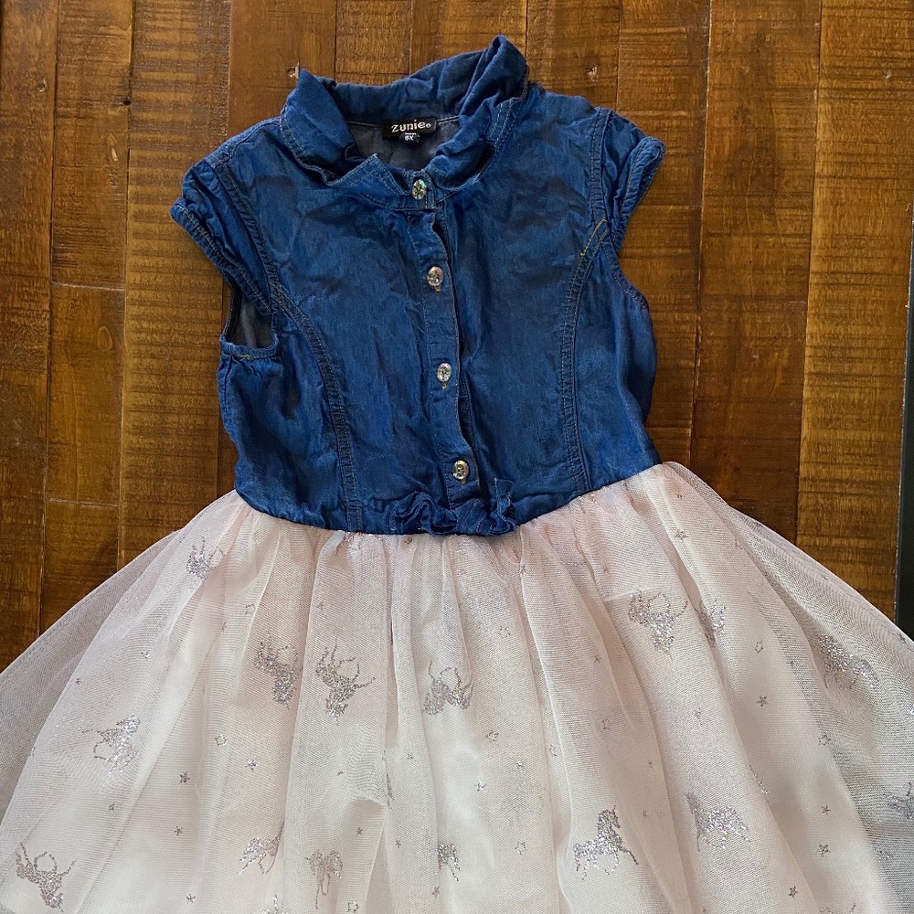 Zunie Girls Denim Top & Pink Mesh Skirt Dress
